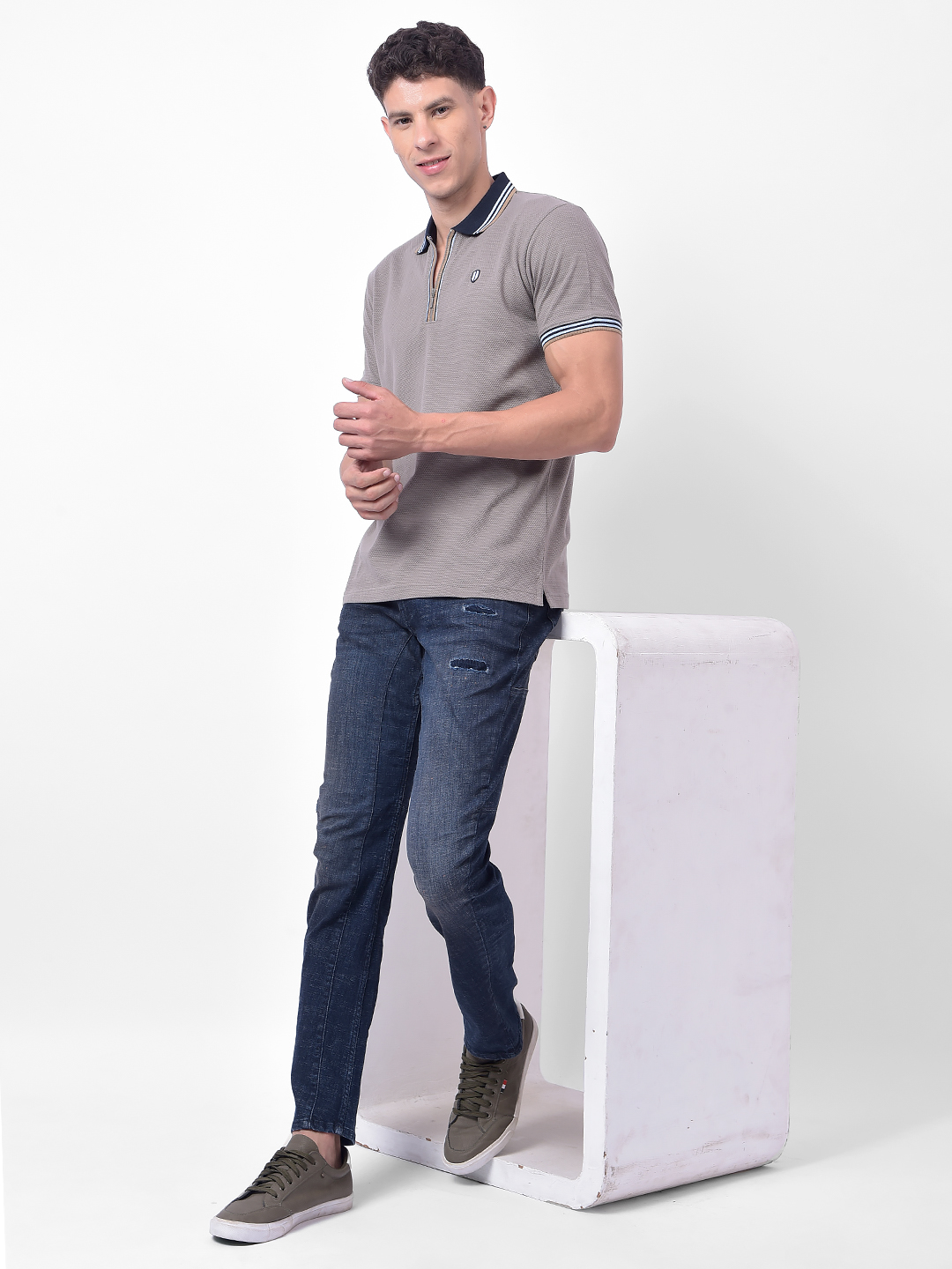 Numero Uno Men Grey Polo T-Shirt With Zip Neck